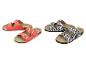 Dames sandalen met twee bandjes, één koraal en één zebraprint.