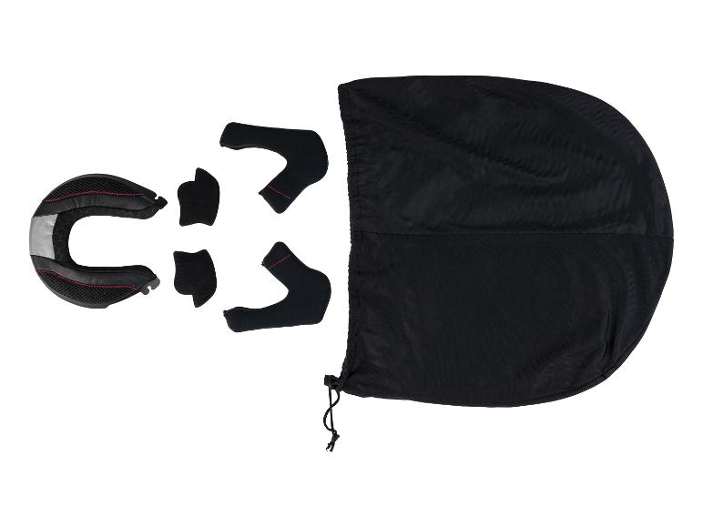 Un casque noir avec une protection du cou et un sac de rangement noir.