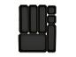 Système de rangement modulaire noir avec compartiments de différentes tailles.