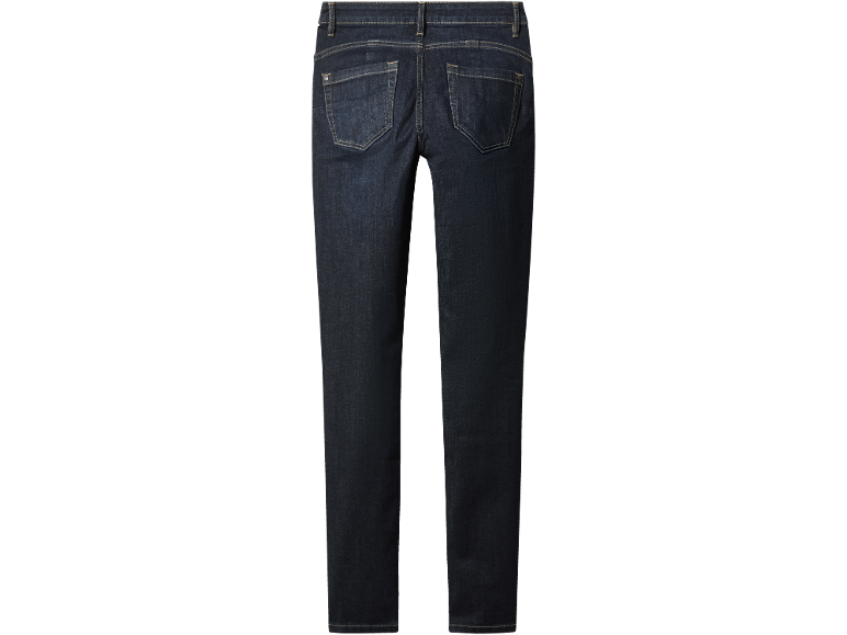 Donkere damesjeans met achterzakken en contrasterende stiksels.