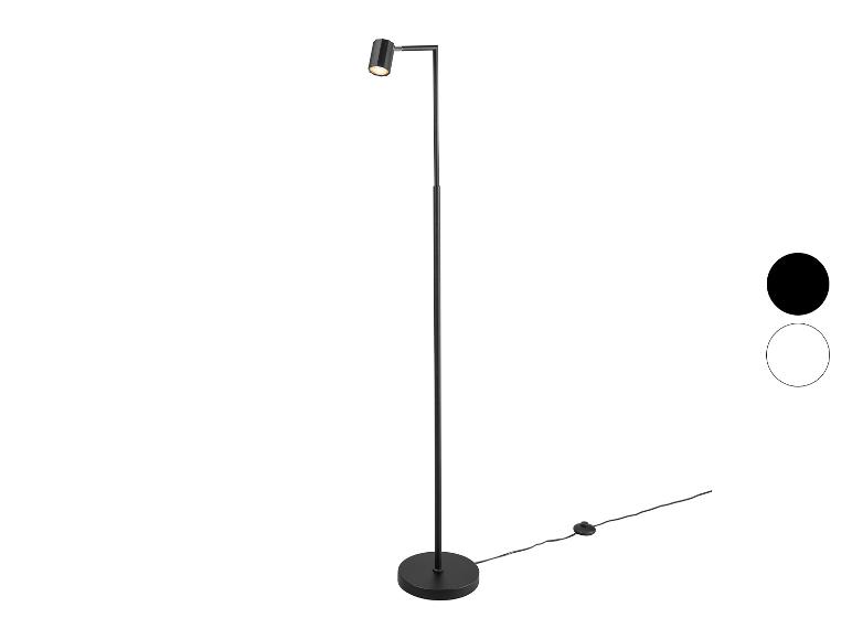 Zwarte LED vloerlamp met verstelbare kop en ronde voet, met kleuropties.