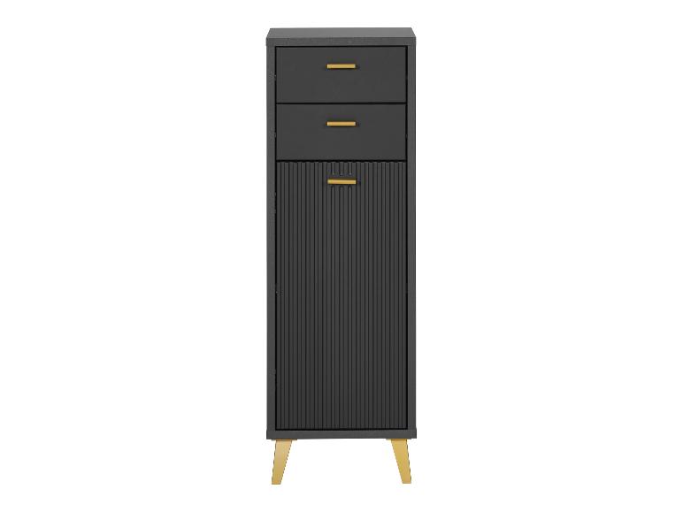 Commode haute noire avec deux tiroirs et un placard, poignées et pieds dorés.