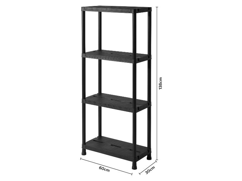 Étagère en plastique noire à 4 niveaux, dimensions 138cm (H) x 60cm (L) x 30cm (P).