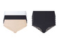 Un ensemble de trois paires de culottes noires et deux paires de culottes beiges.