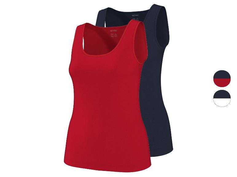 Deux débardeurs pour femmes, un rouge et un bleu foncé, avec des échantillons de couleurs.