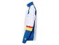 Veste Lidl blanche et bleue, style rétro, bandes colorées.