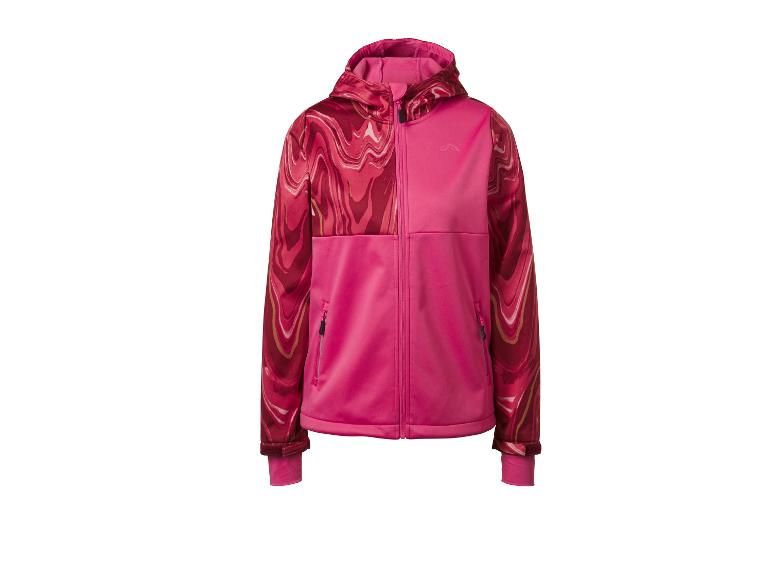 Veste à capuche rose et rouge à motifs avec fermeture éclair et poches.