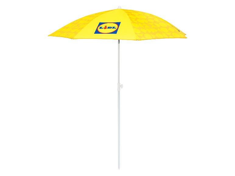 Gele Lidl strandparasol met een herhalend patroon.