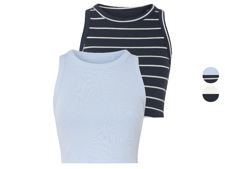 Tweedelige set: effen lichtblauw en donkerblauw gestreept topje.