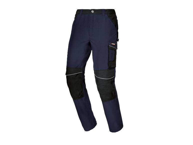 Pantalon de travail bleu foncé avec genouillères noires et poches latérales.