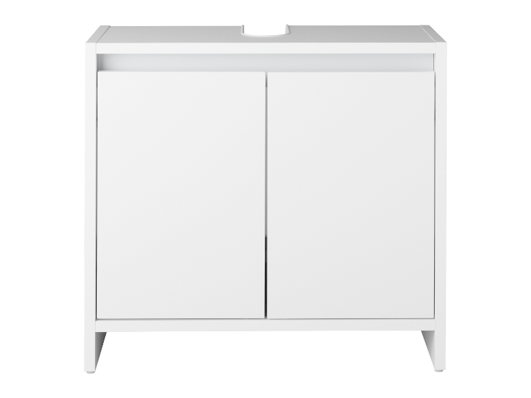 Meuble de salle de bain blanc à deux portes.