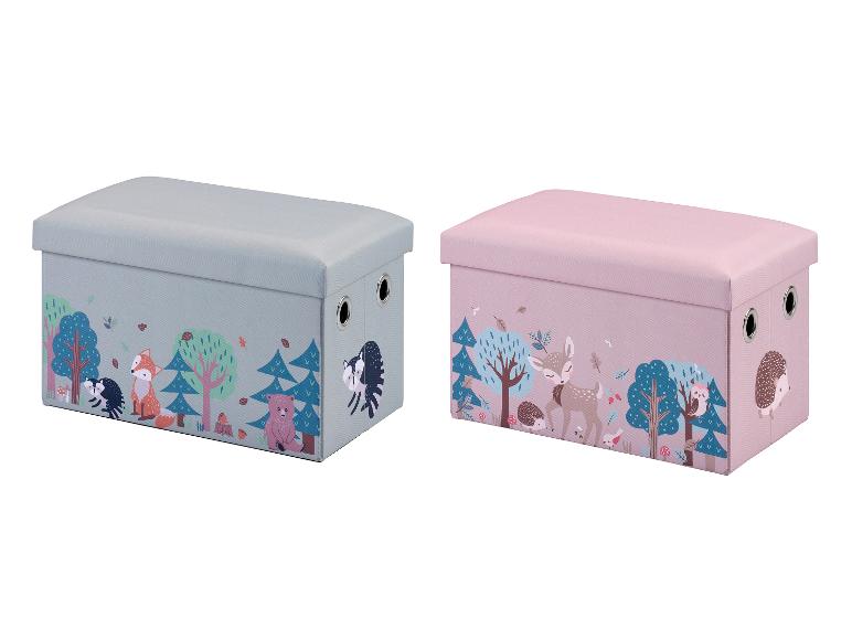 Deux poufs de rangement pour enfants, un bleu clair et un rose, avec des motifs d'animaux de la forêt.
