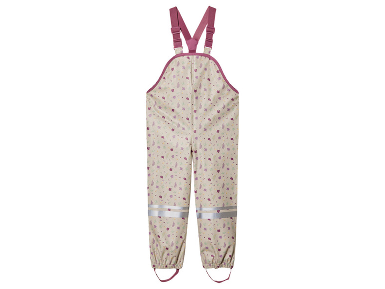 Pantalon de pluie beige à imprimé feuilles et bretelles roses.