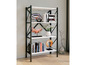 Een zwarte metalen boekenkast met witte planken, gevuld met boeken en decoratieve voorwerpen.