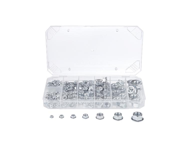 Une boîte en plastique avec différents types d'écrous.