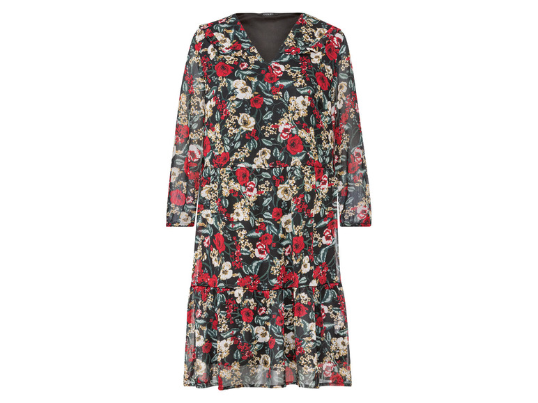 Een zwarte maxi-jurk met rode bloemenprint.