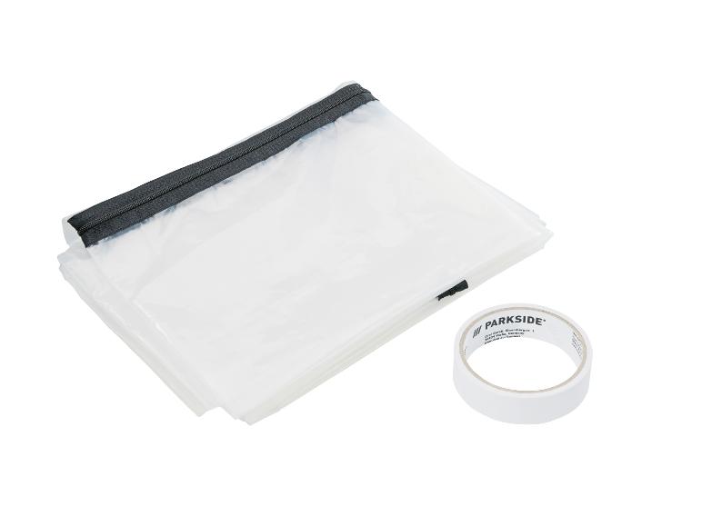 Sacs plastiques transparents PARKSIDE avec fermeture éclair et rouleau de ruban adhésif blanc.