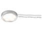 Een ronde, zilverkleurige LED-lamp met een snoer.
