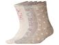 Ensemble de cinq paires de chaussettes beiges avec divers motifs, y compris des flocons de neige roses et blancs.