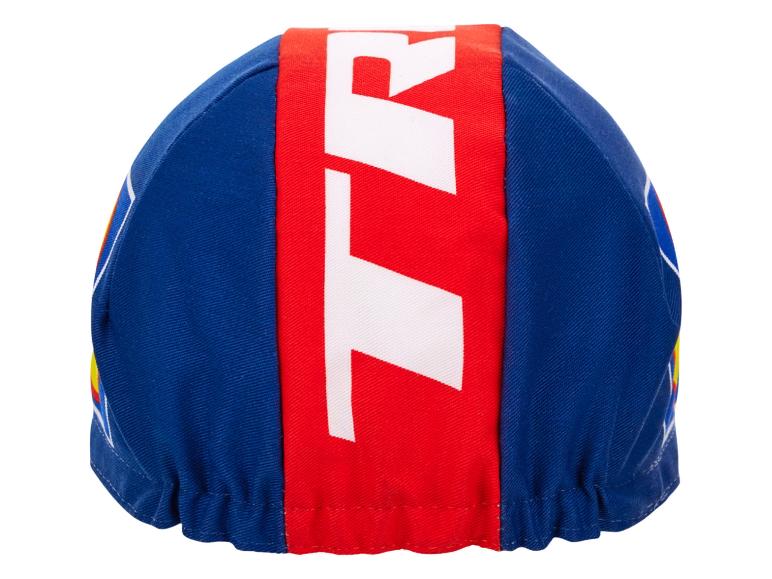 Casquette cycliste bleue et rouge avec logo TR.