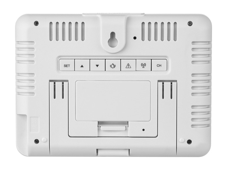 Arrière d'un thermomètre sans fil blanc avec des boutons pour les paramètres, l'alarme et le canal.