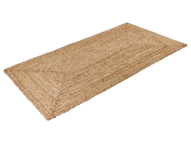 Rechthoekig vloerkleed van natuurlijk jute met gevlochten patroon.
