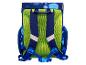 Dos d'un cartable avec maille bleue et vert lime et bandes réfléchissantes.
