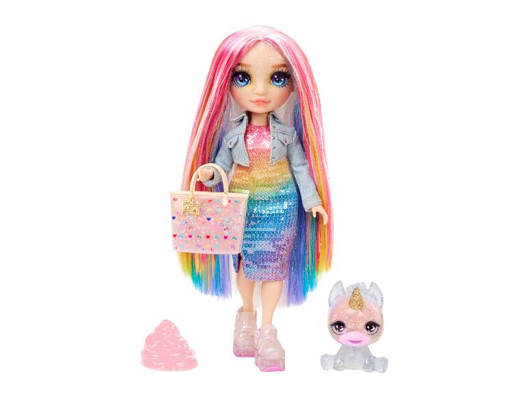 Poupée aux cheveux arc-en-ciel, robe à paillettes et accessoires, dont une figurine de licorne.