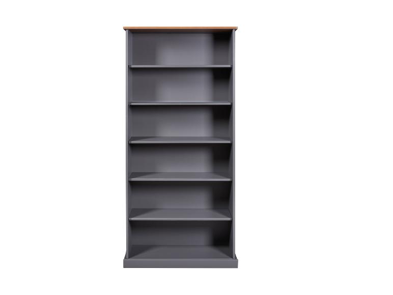 Grijze boekenkast met houten blad.