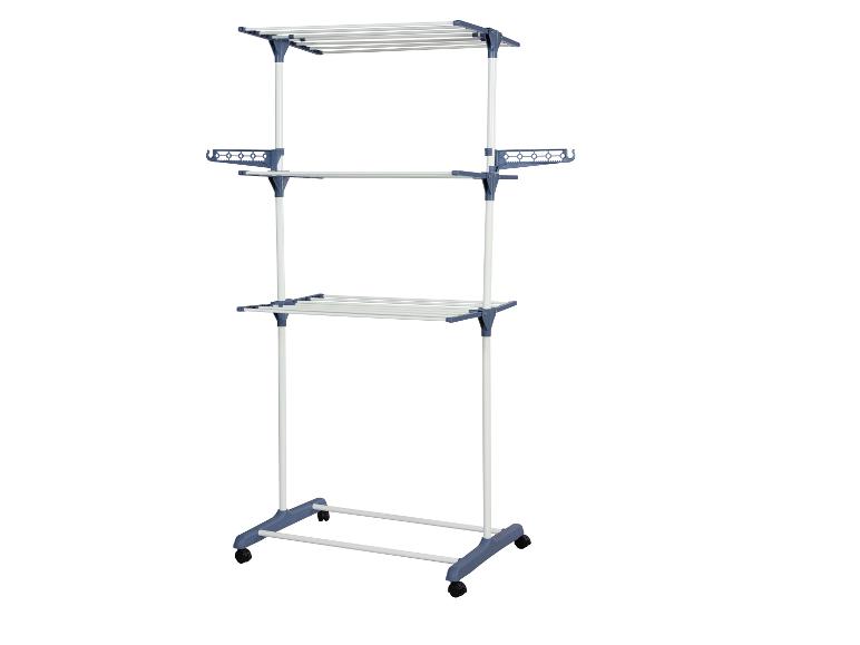 Drielagig wasrek met wielen, met blauwe en witte onderdelen.