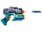 Blauw-groene speelgoedblaster met schuimpijltjes, met de tekst 'MODEL SUPER RAPID FIRE'.