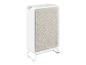 Purificateur d'air blanc avec un panneau avant en tissu beige clair, posé sur une base métallique blanche.