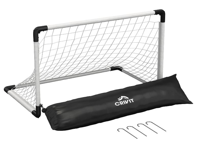 Een wit voetbaldoel van Crivit met een zwarte draagtas en haringen.