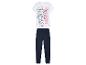 Pyjama met Smurfin print op een witte T-shirt en donkerblauwe broek.