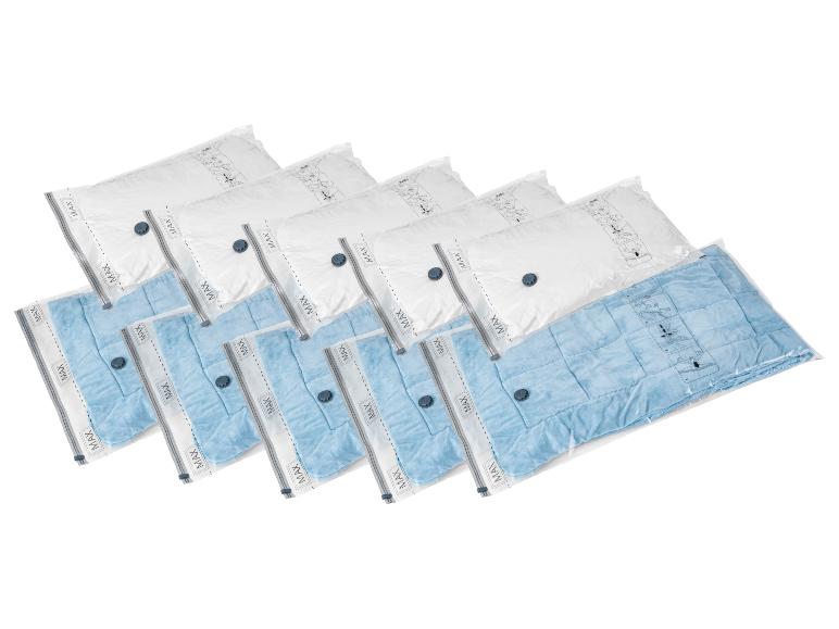 Six sacs sous vide MAX pour linge, trois avec des couvertures bleues.