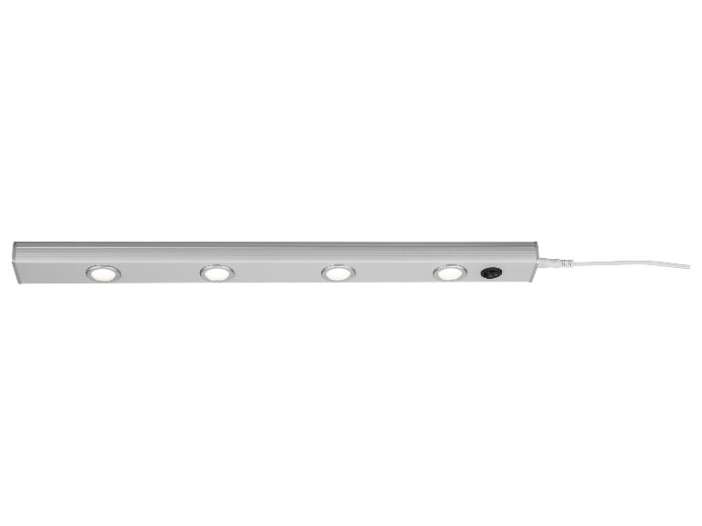 Zilverkleurige LED-strip met vier lampen en een aan/uit-schakelaar.