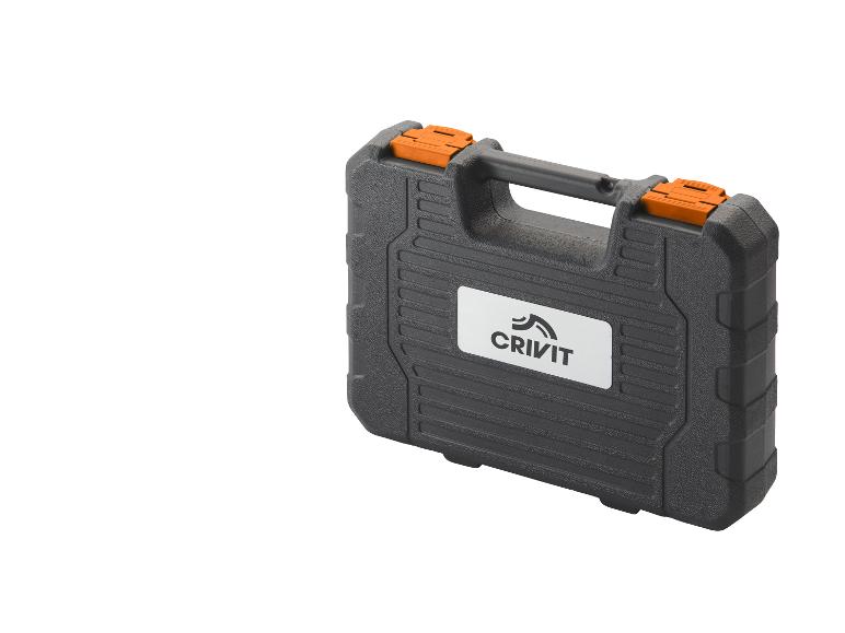 Zwarte Crivit gereedschapskoffer met oranje sluitingen