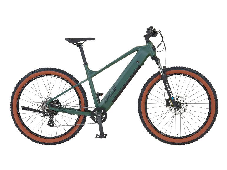 Vélo électrique tout-terrain Dice : cadre vert, pneus brun clair.