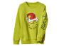 Sweat-shirt vert clair avec le Grinch portant un bonnet de Père Noël et le texte « GRINCH » sur la manche.