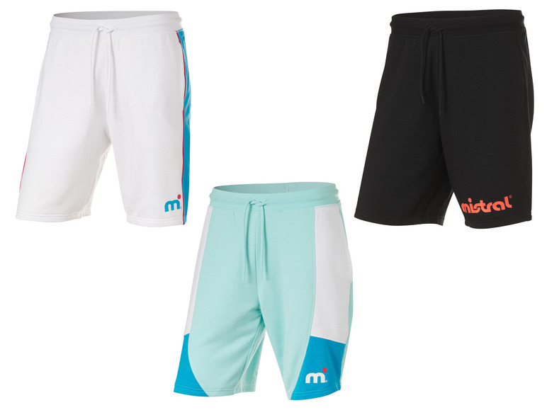 Trois paires de shorts de sport Mistral en blanc, noir et bleu clair.