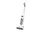 Aspirateur balai sans fil blanc et bleu avec réservoir transparent.