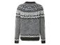 Un pull gris avec un motif scandinave noir et blanc.