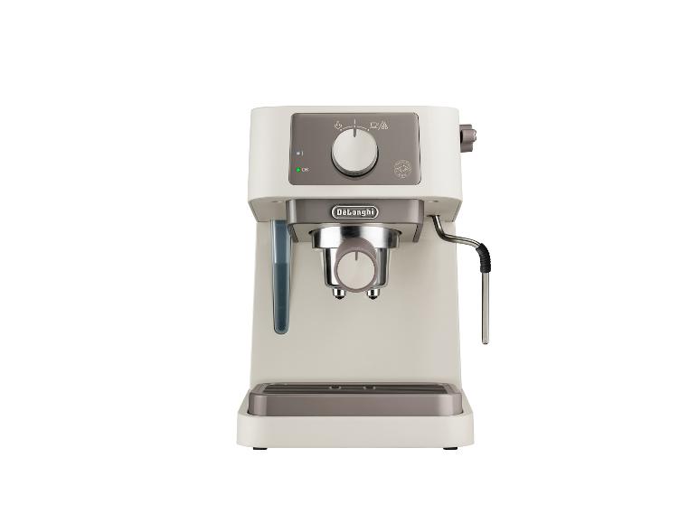 Machine à café beige clair avec des accents argentés et gris.