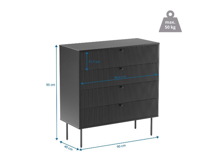 Commode noire à quatre tiroirs avec dimensions, capacité de charge jusqu'à 50 kg.