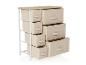 Commode met beige stoffen lades en houtlook bovenblad