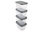 Boîtes de conservation alimentaires empilables transparentes avec couvercles gris.