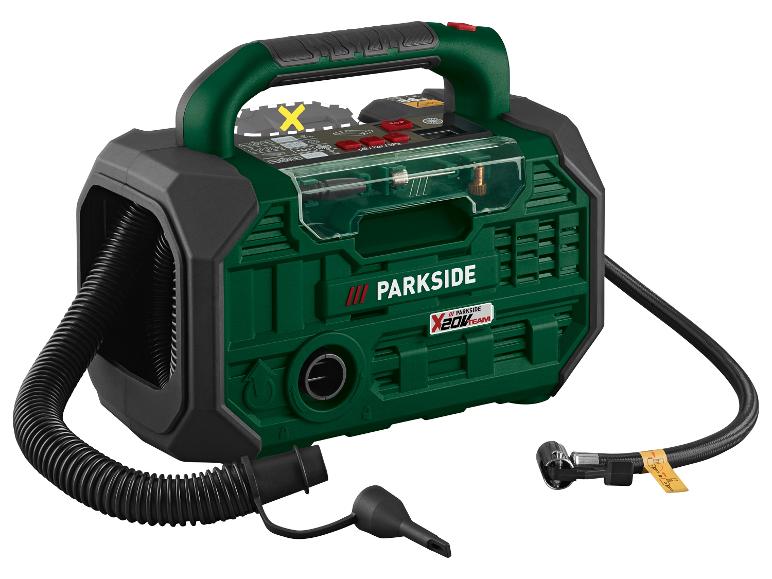 PARKSIDE X 20V TEAM compressor en pomp in groen en zwart met slangen en accessoires.