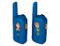 Twee blauwe speelgoed walkie-talkies met kinderillustraties.