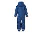 Blauwe kinderregenoverall met capuchon en reflecterende details, achteraanzicht.