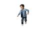 Lachende jongen in blauw jack met 'NY'-letters en jeans, rennend.